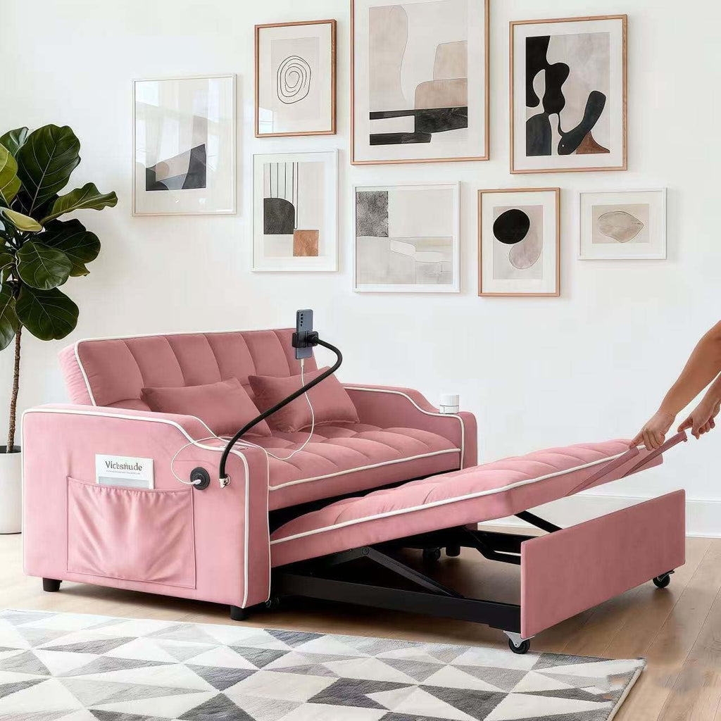 Loveseat Sofa Bed with USB Ports, Phone Holder & Cup Holders | Convertible Futon Couch for Small Spaces, Pull-Out Sleeper Sofa for Living Room & Apartments (Pink)