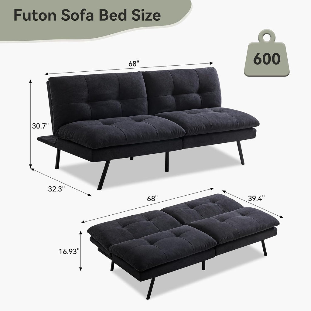 Convertible Futon Sofa Bed,Memory Foam Linen Fabric Futon Couch with Adjustable Backrest,Folding Loveseat Sleeper Recliner for for Living Room,Office,Apartment,Deep Black