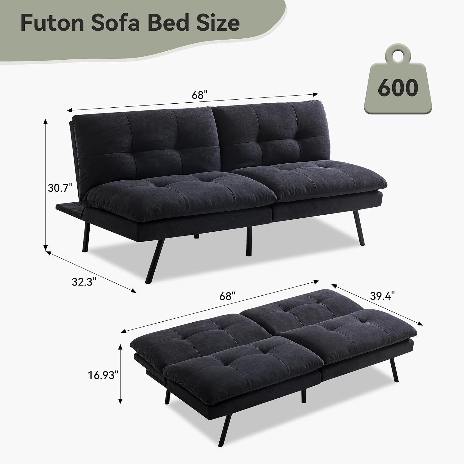 Convertible Futon Sofa Bed,Memory Foam Linen Fabric Futon Couch with Adjustable Backrest,Folding Loveseat Sleeper Recliner for for Living Room,Office,Apartment,Deep Black