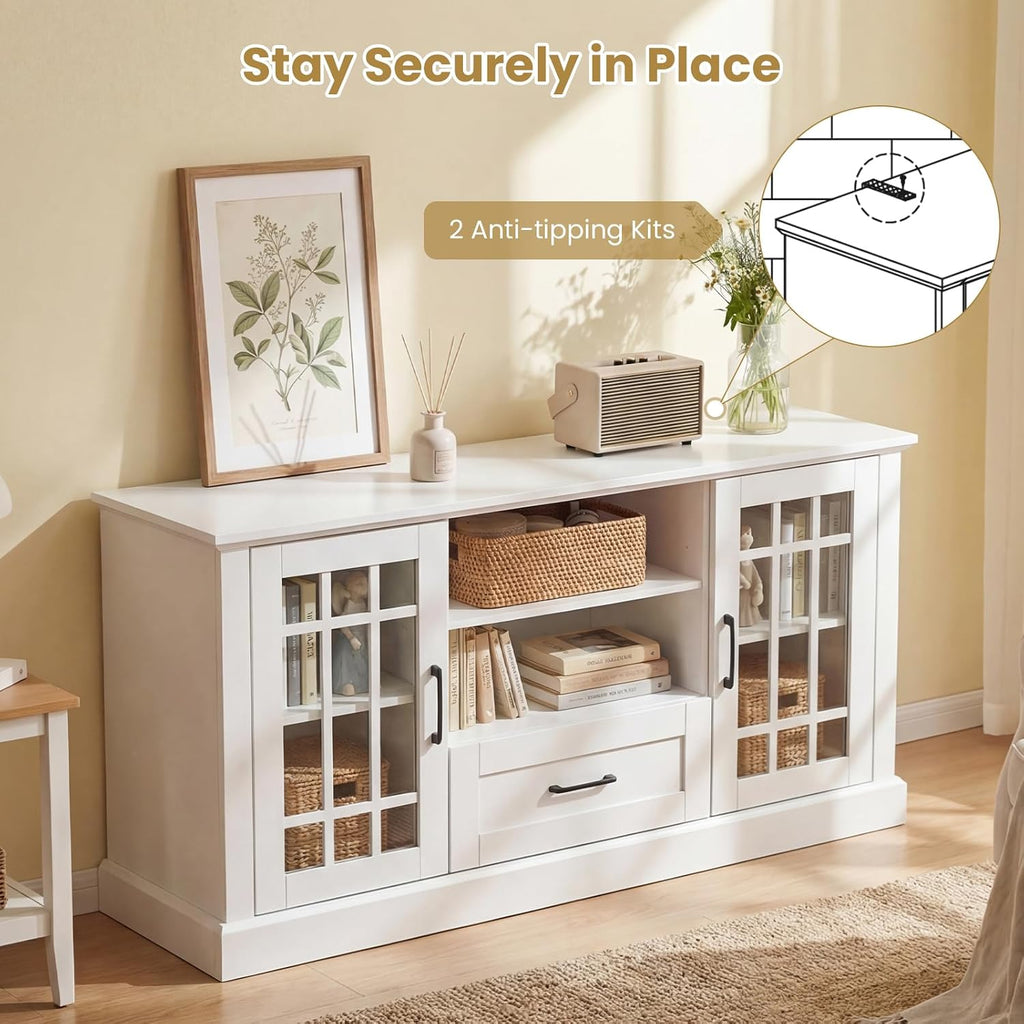 Giantex Farmhouse TV Stand for 65/70 Inch TV, Tall Entertainment Center with Storage Cabinets, Glass Doors, Drawer, Removable Shelves, Media TV Console Table for Living Room, Bedroom (White)