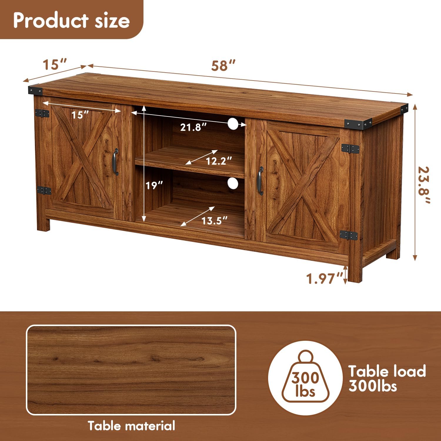 YESHOMY Modern Farmhouse TV Stand with Two Barn Doors and Storage Cabinets for Televisions up to 65+ Inch,Entertainment Center Console Table,Media Furniture for Living Room,58 Inch, Walnut,YH-TS103DWA