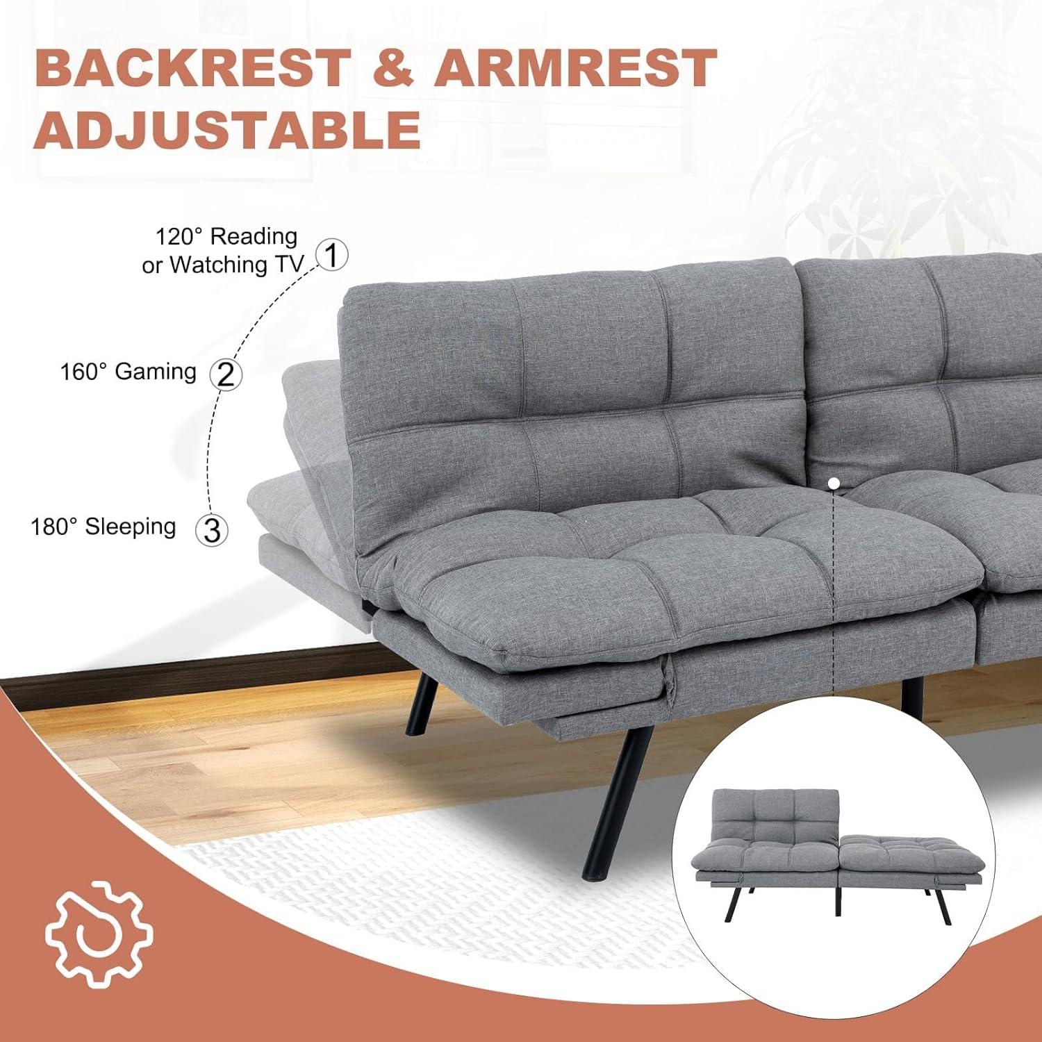 MUUEGM Futon Sofa Bed,Memory Foam Modern Convertible Couch Bed,Folding Futon Sleeper Couch with Compact Living Space,Apartment,Dorm,Bonus Room,71' D x 33' W x 31.5' H,Grey