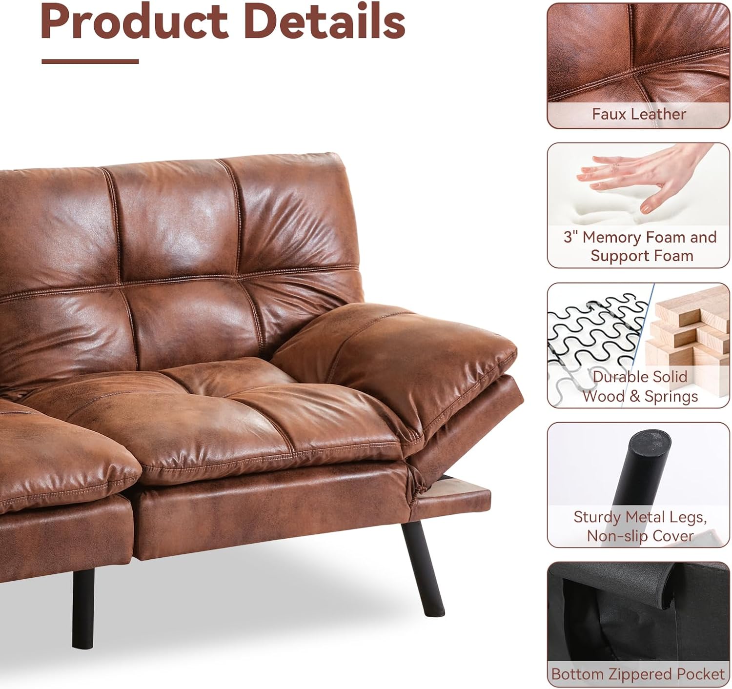Convertible Futon Sofa Bed,Faux Leather Futon Couch,Memory Foam Futons Bed,Small Splitback Modern Loveseat Sleeper Sofa for Living Room,Office,Apartment,Brown
