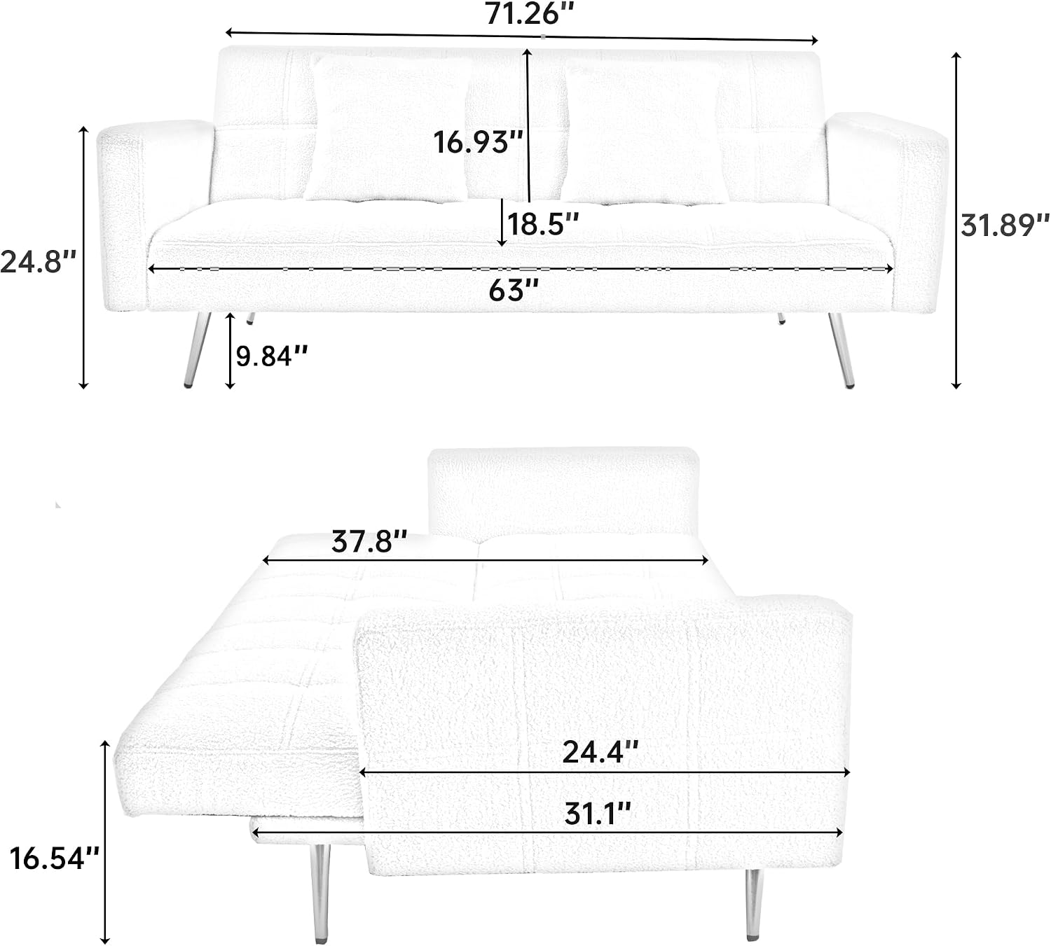 KEIKI 72' Folding Futon Sofa Couch w/Adjustable Backrest, Mid Century Modern Loveseat Convertible to Sleeper Bed, Small Comfy Teddy Cloud Couch SofaBed for Living Room & Bedroom, 2 Pillows, Beige