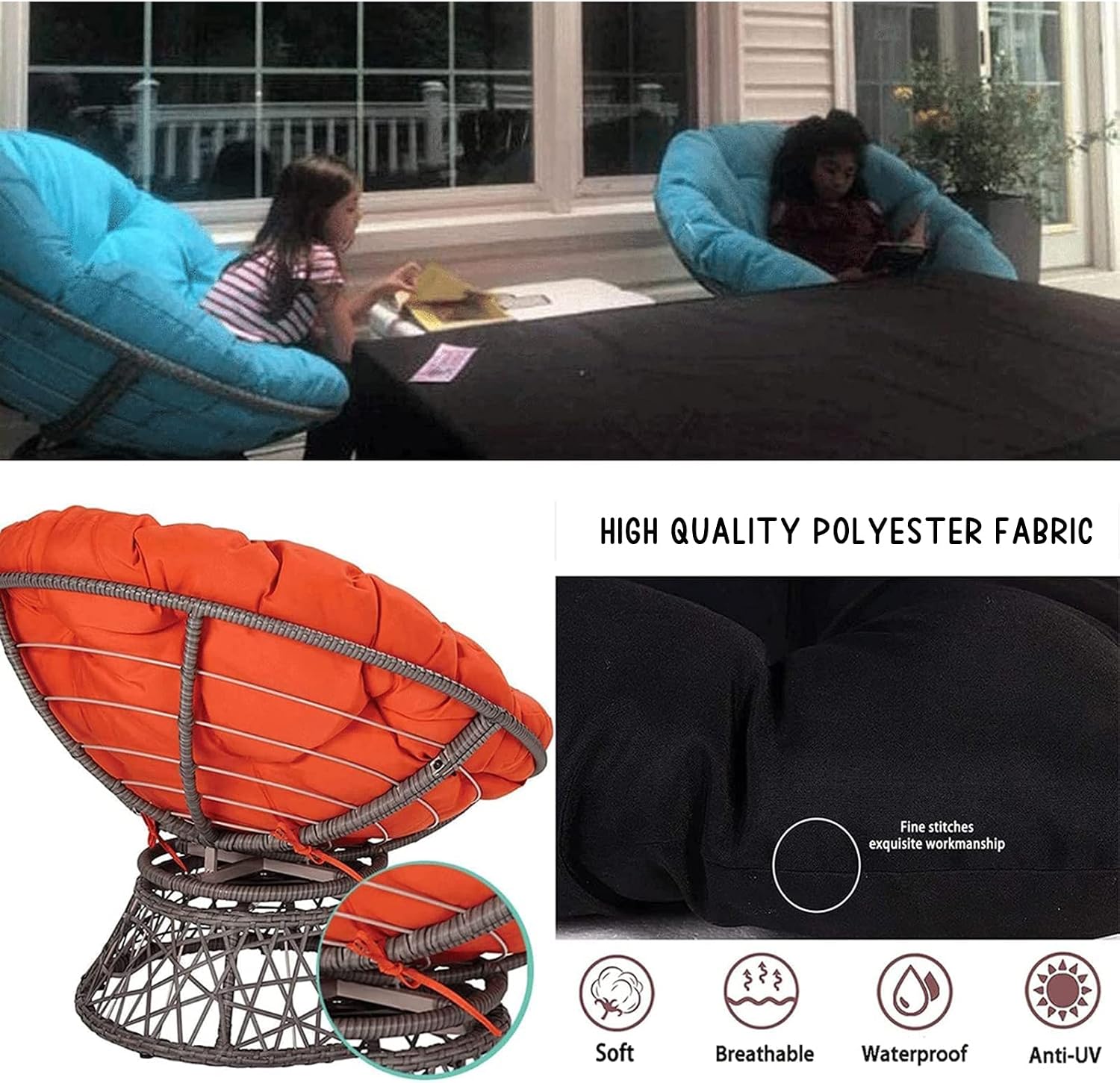 Papasan Chair Cushion Only Outdoor Waterproof Cloth Hammock Chair Pillow Pad Thicken Garden Hanging Chair Moon Radar Chair Cushions with Cotton Lining Soft and Comfortable,Gray,51in