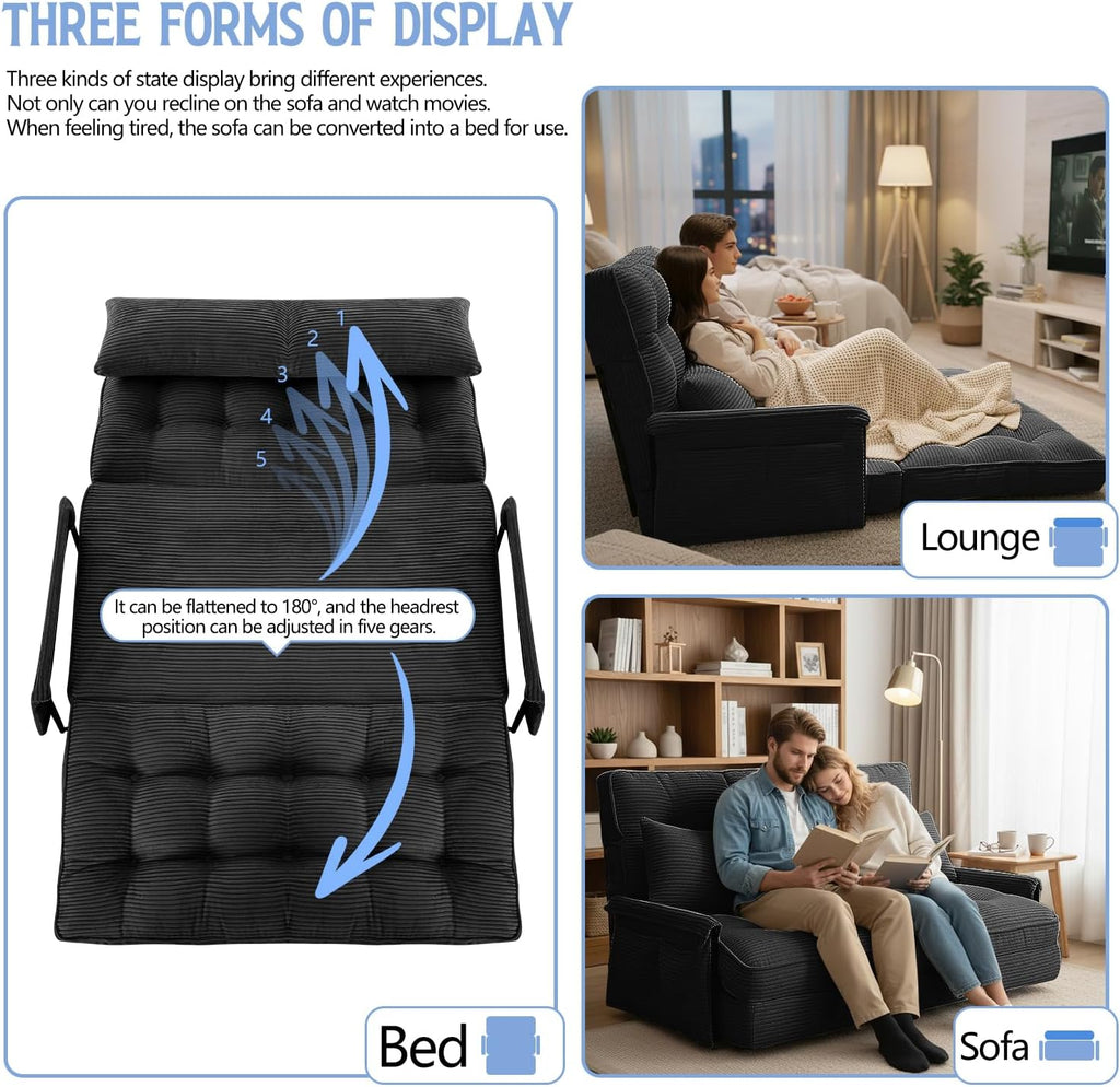 Convertible Futon Sofa Bed with Adjustable Backrest Pillows,Folding Loveseat Sleeper Sofa,Corduroy Pull Out Couches with Side Pocket for Living Room Bedroom Lounge（Charcoal）