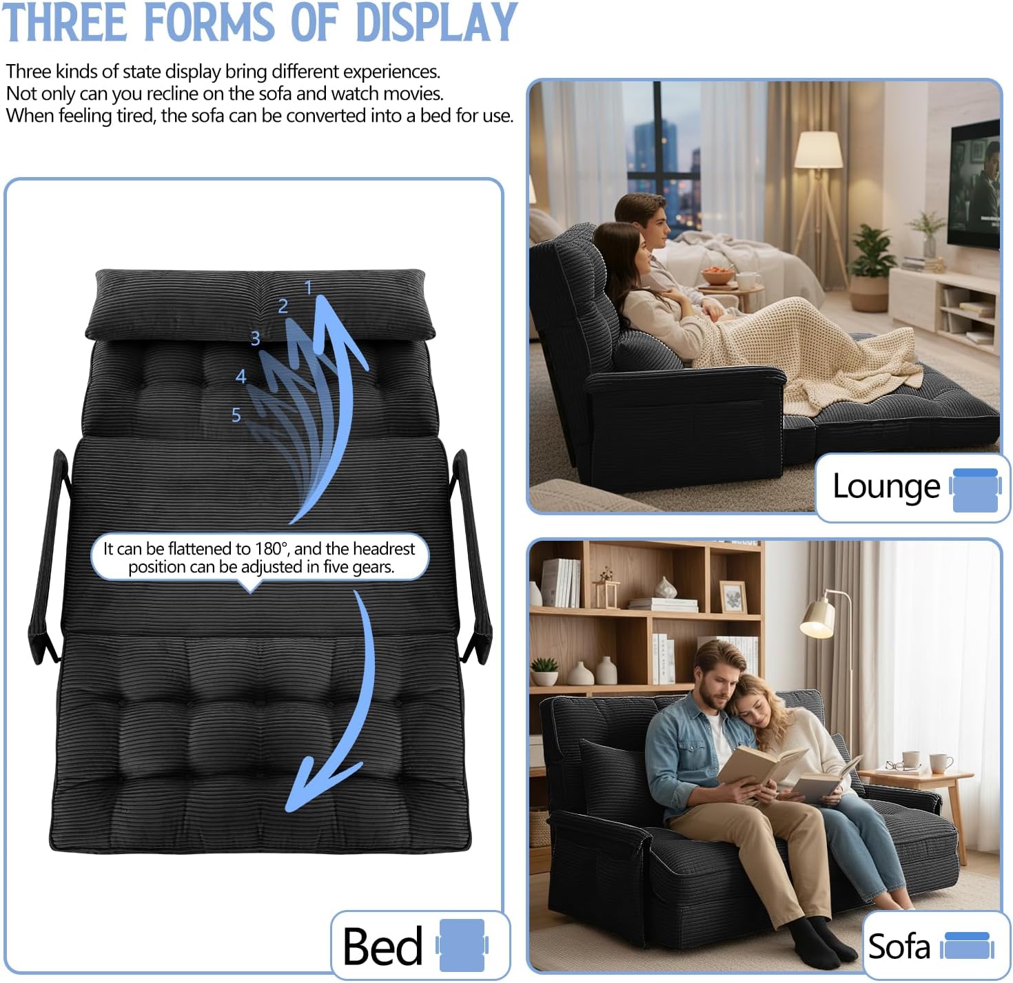 Convertible Futon Sofa Bed with Adjustable Backrest Pillows,Folding Loveseat Sleeper Sofa,Corduroy Pull Out Couches with Side Pocket for Living Room Bedroom Lounge（Charcoal）