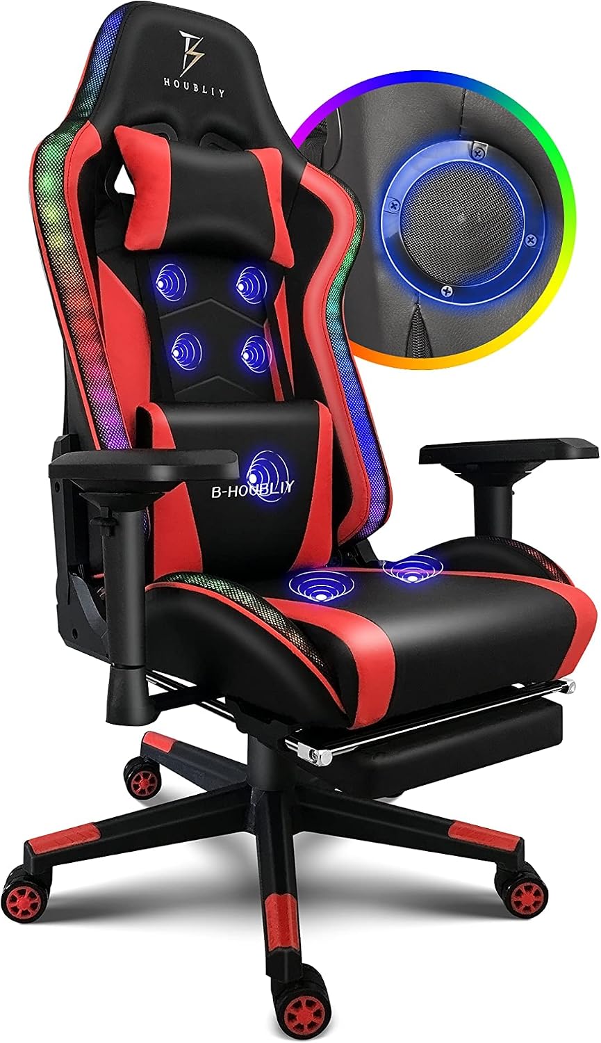 Gaming Chair for Adults,RGB Computer Chair with Footrest, Ergonomic Chair 4D Armrest Move Up and Down 8CM - Video Game Chair with Lumbar Massage Support and Headrest for Office Teenager,Red
