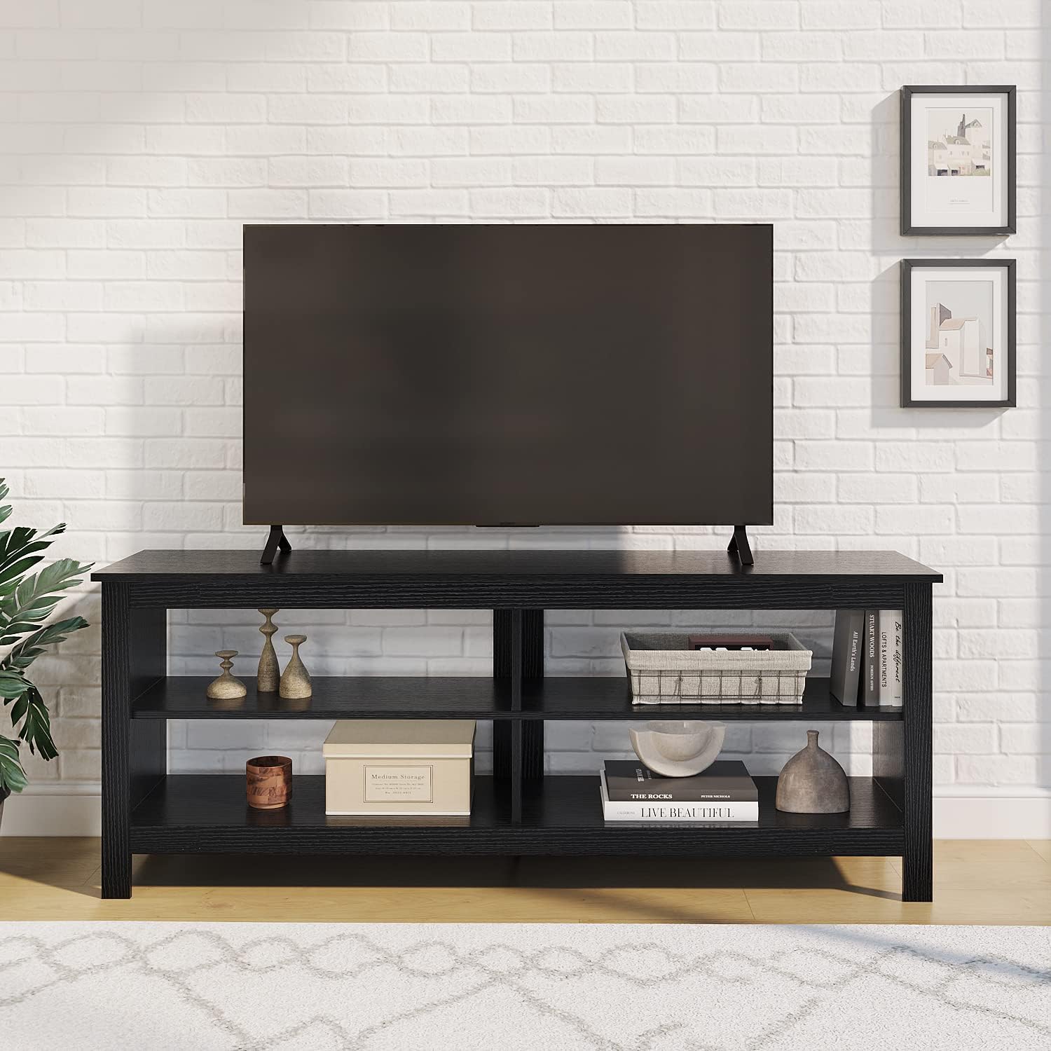 Panana Modern TV Stand with 4 Open Shelves 55inch Entertainment Center for TVs up to 65inch Medial TV Console Table Cabinet for Living Room (Black)