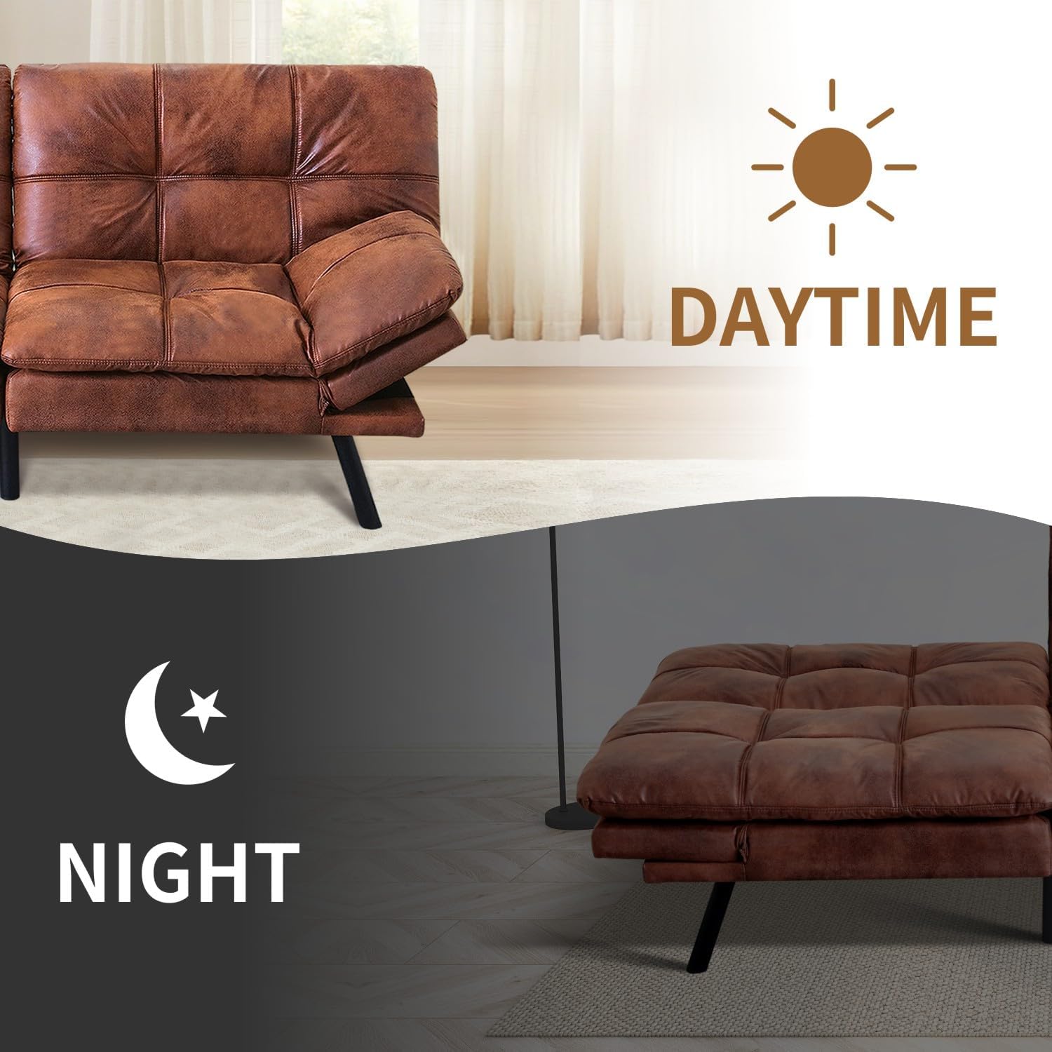 MUUEGM Futon Sofa Bed, 71' Folding Recliner Lounge with Adjustable Backrest & Armrests, Comfy Loveseat Sleeper Couch for Compact Spaces, Faux Leather, Brown
