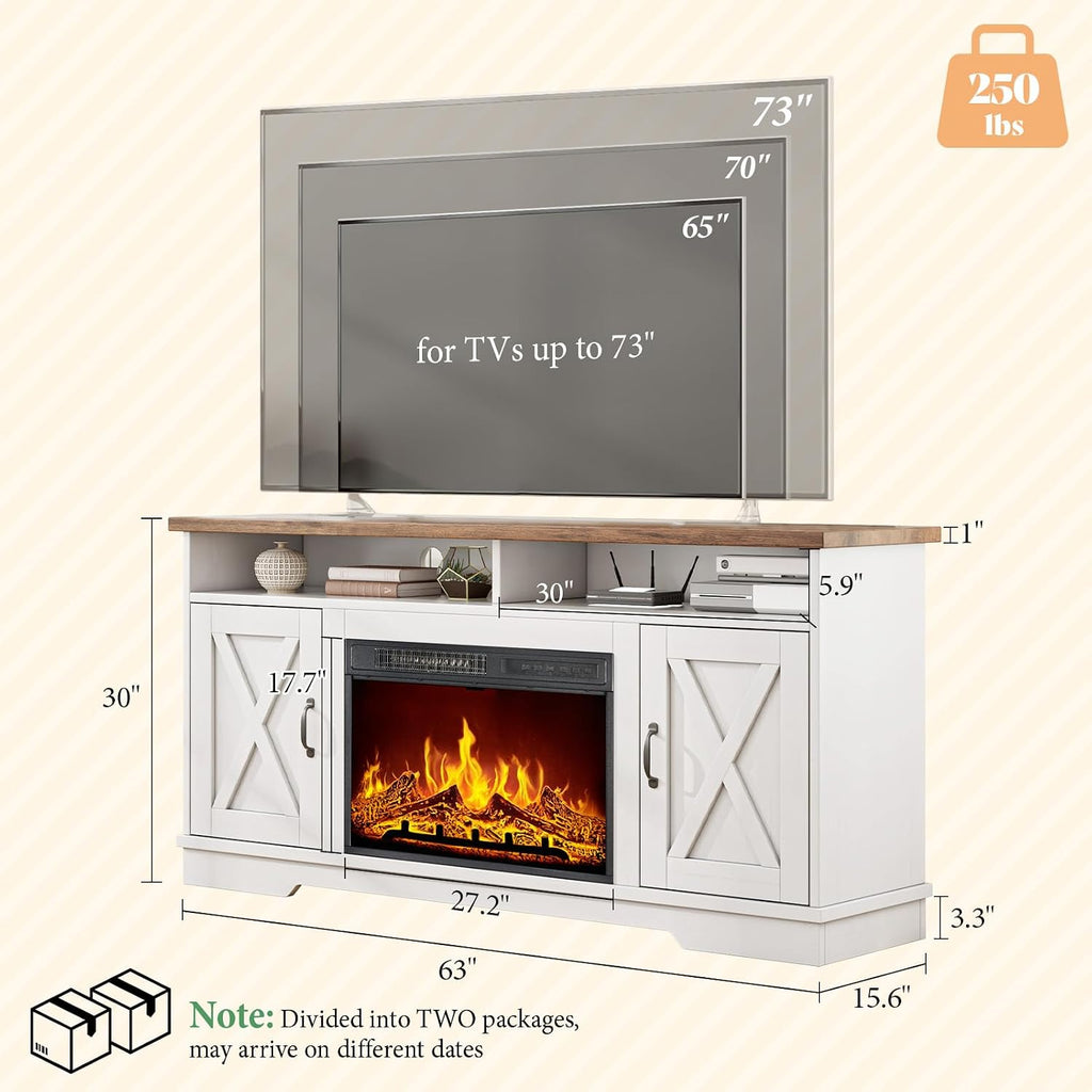 AMERLIFE 63' Farmhouse TV Stand with 26' Fireplace, for TVs up to 73', Media Entertainment Center with Adjustable Shelf & Barn Doors, Rustic TV Console Cabinet for Living Room, Rustic Oak & White