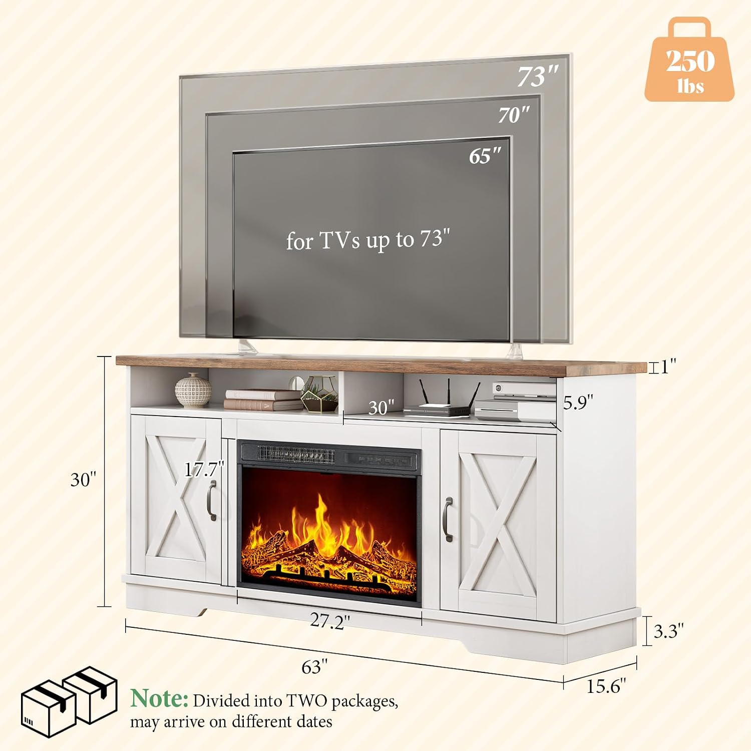 AMERLIFE 63' Farmhouse TV Stand with 26' Fireplace, for TVs up to 73', Media Entertainment Center with Adjustable Shelf & Barn Doors, Rustic TV Console Cabinet for Living Room, Rustic Oak & White