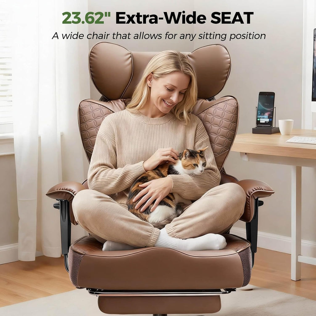 GTPOFFICE Big and Tall Office Chair 400LBS Wide Seat Computer Gaming Chair with Footrest & Comfy Lumbar Support, Leather High Back Executive Chair with Ergonomic Pressure Relief Seat Cushion, Brown
