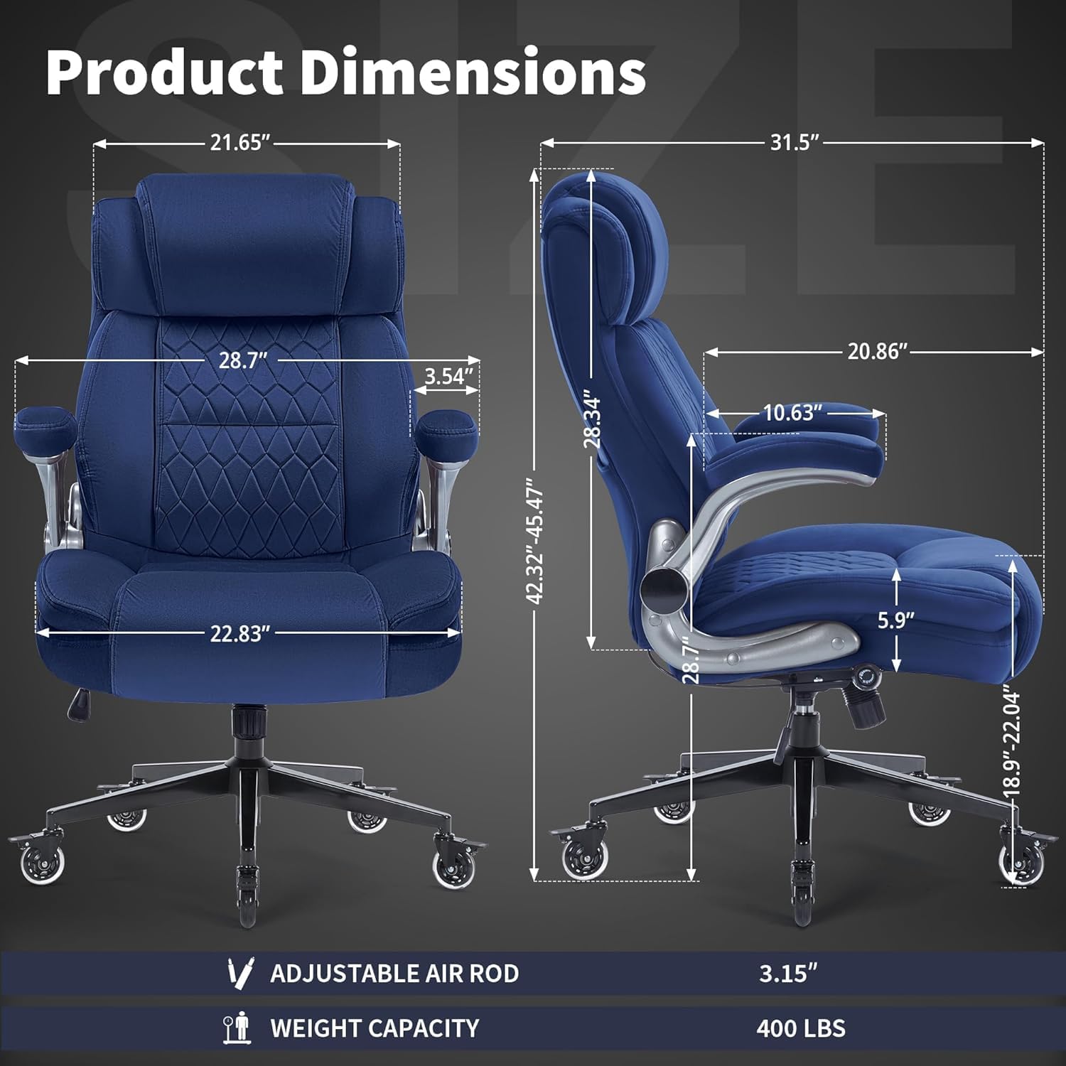 Office Chair with Locking Wheels, Ergonomic High Back Fabric Desk Chair with Adjustable Lumbar Support, Flip-Up Arms, Thick Padded Seat, 400lbs Heavy Duty for Home Office Adults