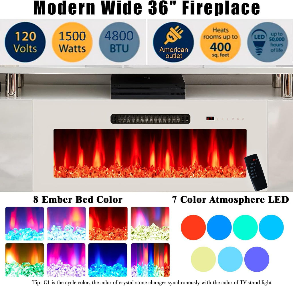 AMERLIFE Fireplace TV Stand with 36' Fireplace, 70' Modern Fireplace Entertainment Center LED Lights, 2 Tier TV Console Cabinet for TVs Up to 80', White & White