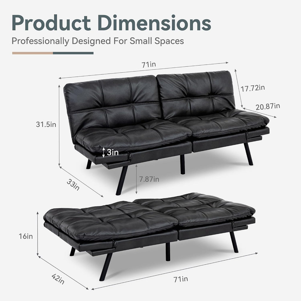 Vyfipt Convertible Futon Sofa Bed, Black Faux Leather Futon Couch with Adjustable Backrest & Armrests, Folding Small Recliner Sleeper Sofa Bed for Living Room, Apartment, Office