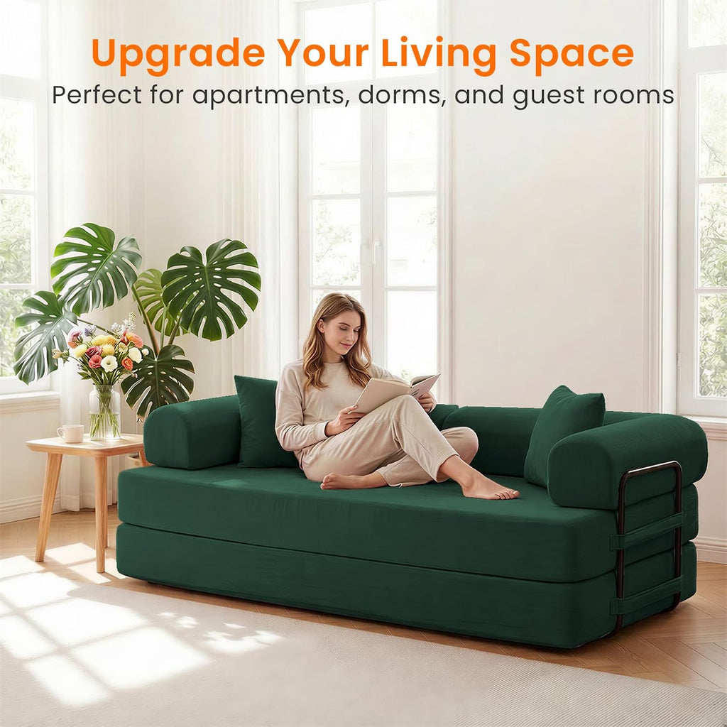 ijuicy 4-in-1 King Convertible Floor Sofa Bed w/ 2 Pillow,Modular Sleeper Sofa/Folding Futon Couch Bed w/Cylindrical Backrest and Fixed Frame,Lounge Couch,Corduroy Compression Sofas for Home-Green