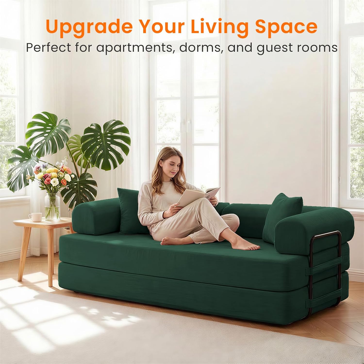 ijuicy 4-in-1 King Convertible Floor Sofa Bed w/ 2 Pillow,Modular Sleeper Sofa/Folding Futon Couch Bed w/Cylindrical Backrest and Fixed Frame,Lounge Couch,Corduroy Compression Sofas for Home-Green