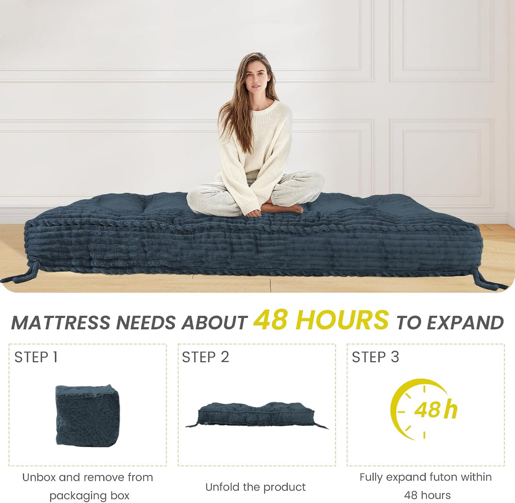 8' Futon Mattress Queen Size 60' x 80', Futon Sofa Couch Bed with Twisted Rope Design Edging, Extra Thick Corded Floor Futon Mattress Sleeping Mat for Adults, Camping, Dorm, Blue(Frame Not Included)