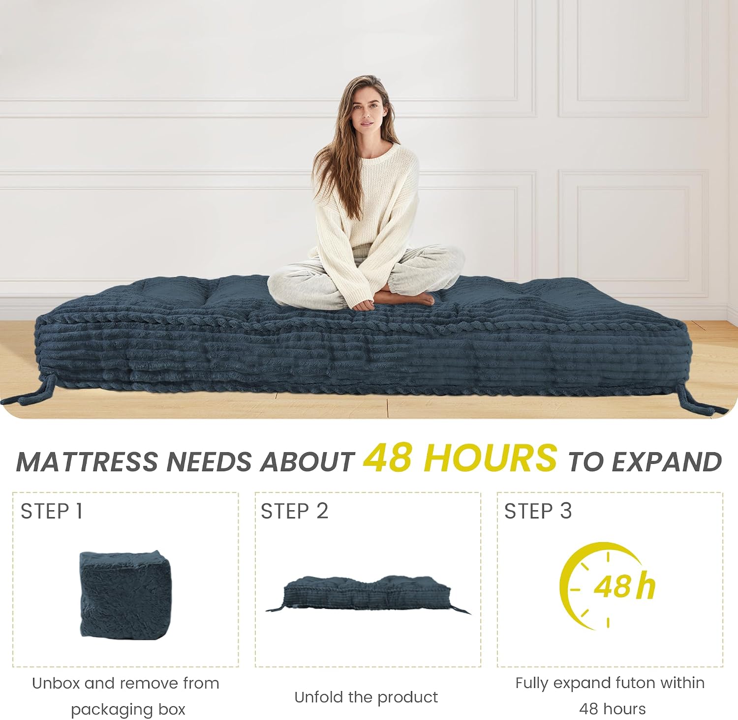 8' Futon Mattress Full Size 54' x 80', Futon Sofa Couch Bed with Twisted Rope Design Edging, Extra Thick Corded Floor Futon Mattress Sleeping Mat for Adults, Camping, Dorm, Blue(Frame Not Included)