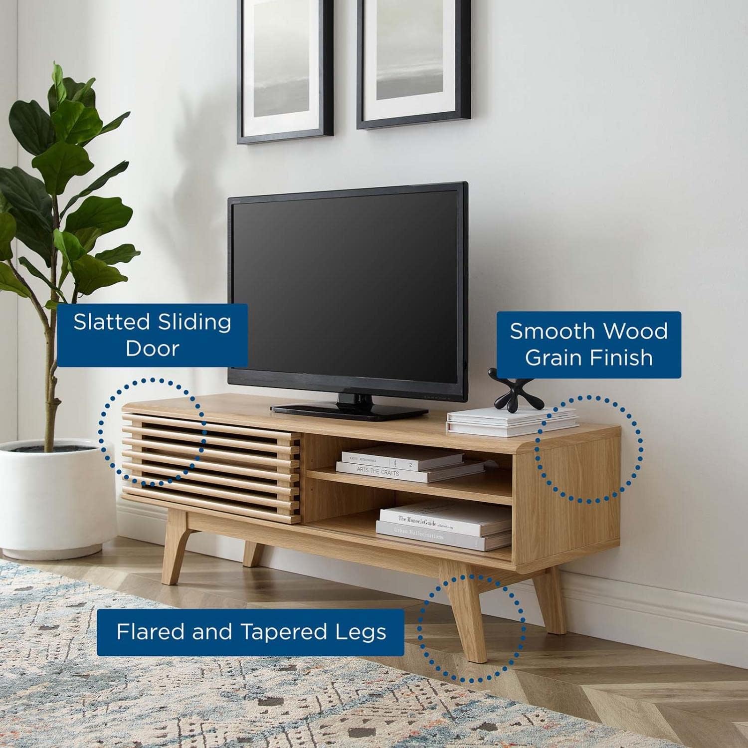 Modway Render Mid-Century Modern Low Profile 48 Inch TV Stand in Oak, 48'