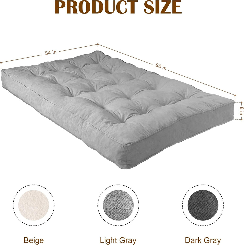 Futon Mattress Full Size 54' x 80', 8' Thick Floor Mattress for Adults, Foldable Sofa Couch Bed with Shredded Foam Filling, Comfy Sleeping Mat for Guest, Camping, Dorm, Light Gray(Frame Not Included)