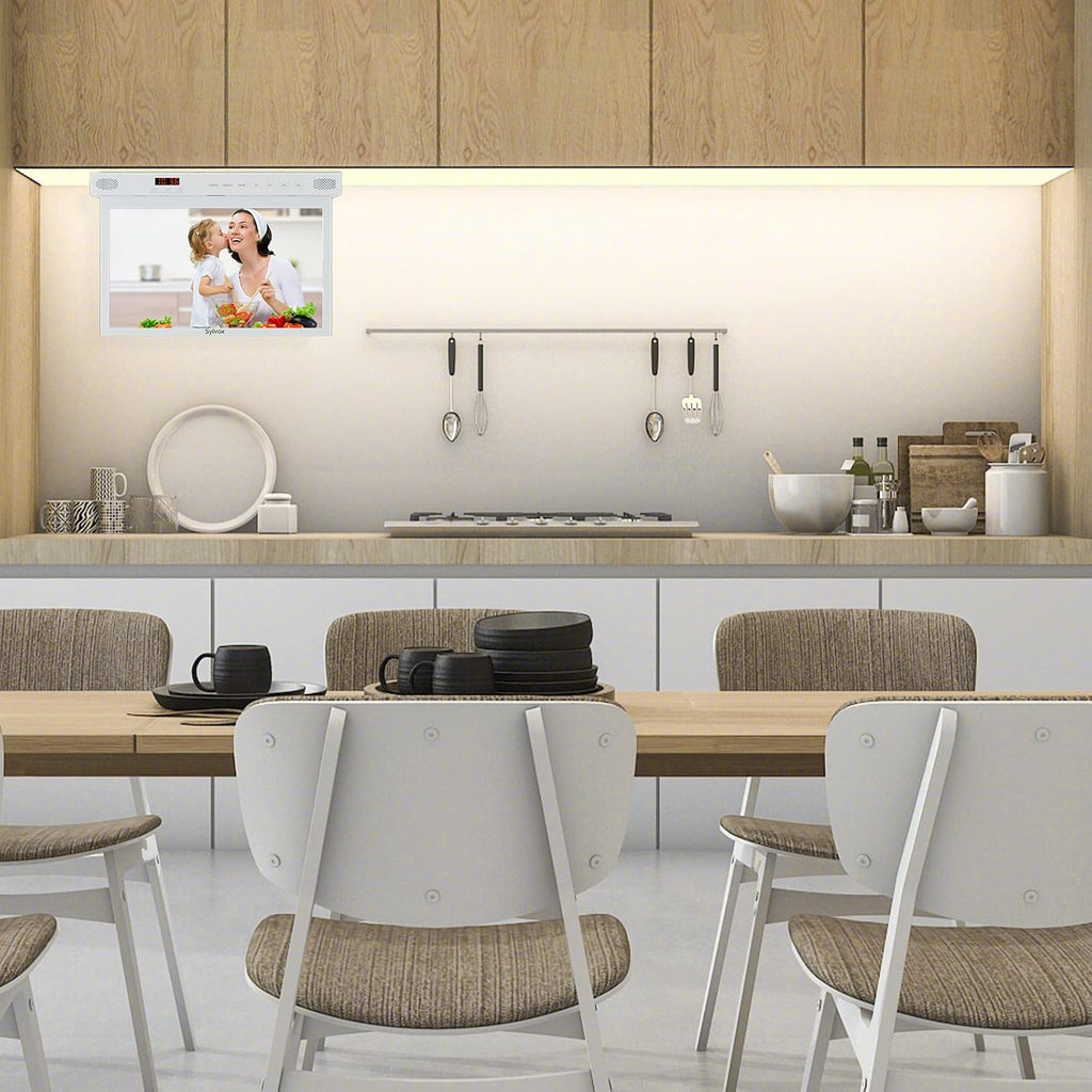 SYLVOX 15.6' Under Cabinet Smart TV – 360° Rotation, 90° Flip-Down Screen, Wireless Connectivity, Space-Saving Design for Kitchen, Bedroom, or RV. (Pure White)