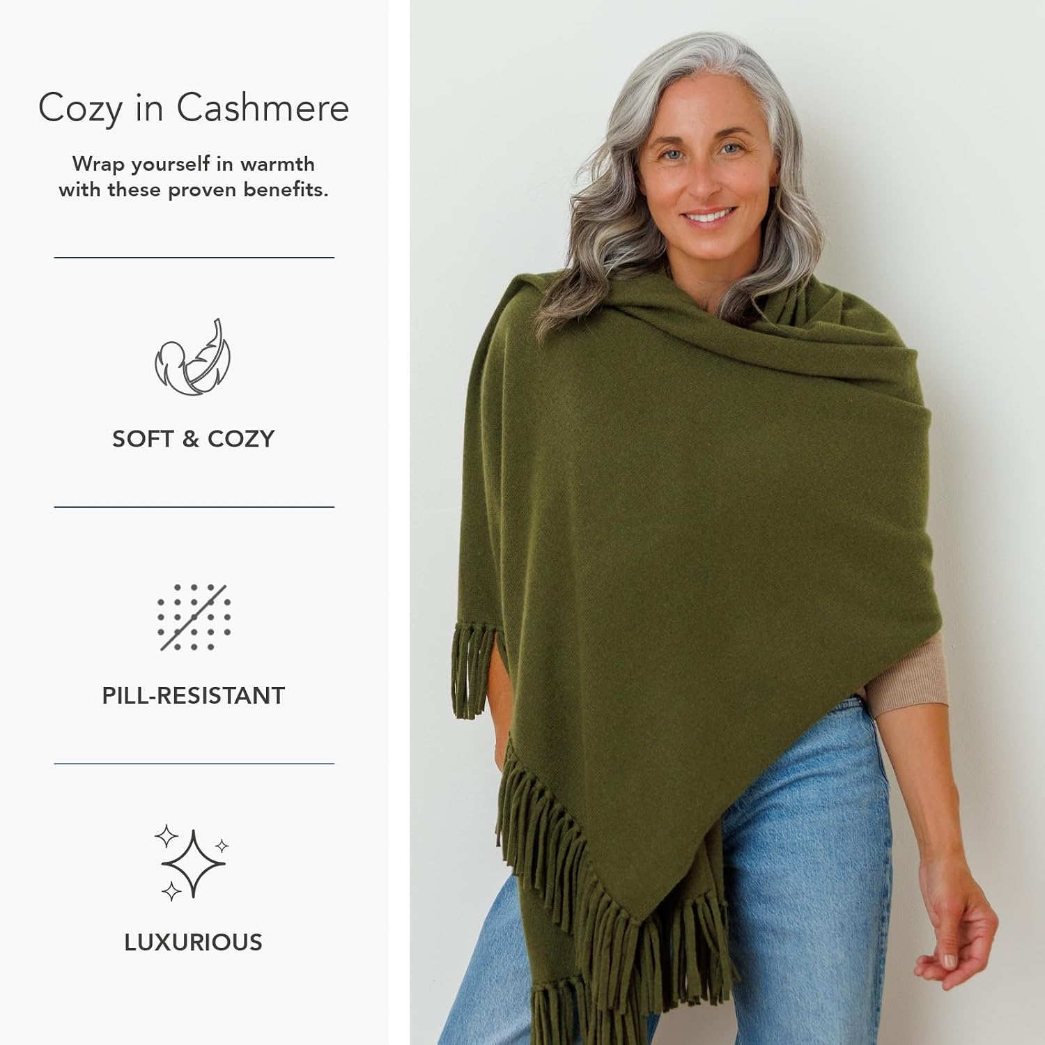 Fishers Finery Women's 100% Cashmere Knit Shawl Wrap with Fringe | Oversized 78' long by 28' wide