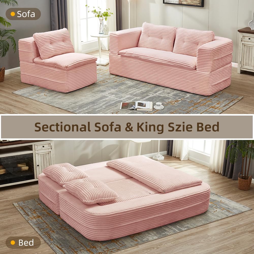 80'' Futon Sofa Bed, King Size Foldable Sleeper Sofa, Corduroy Boneless Loveseat Couch with Chaise Lounge, 3 Pillows, Blanket, Upholstered Sectional Couches for Living Room,Bedroom, Baby Pink