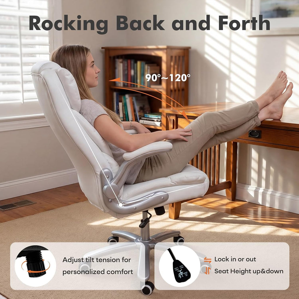 GYI Big and Tall Office Chair 400lb Wide Seat, Ergonomic High Back Leather Executive Desk Chair with Flip-up Arms, White