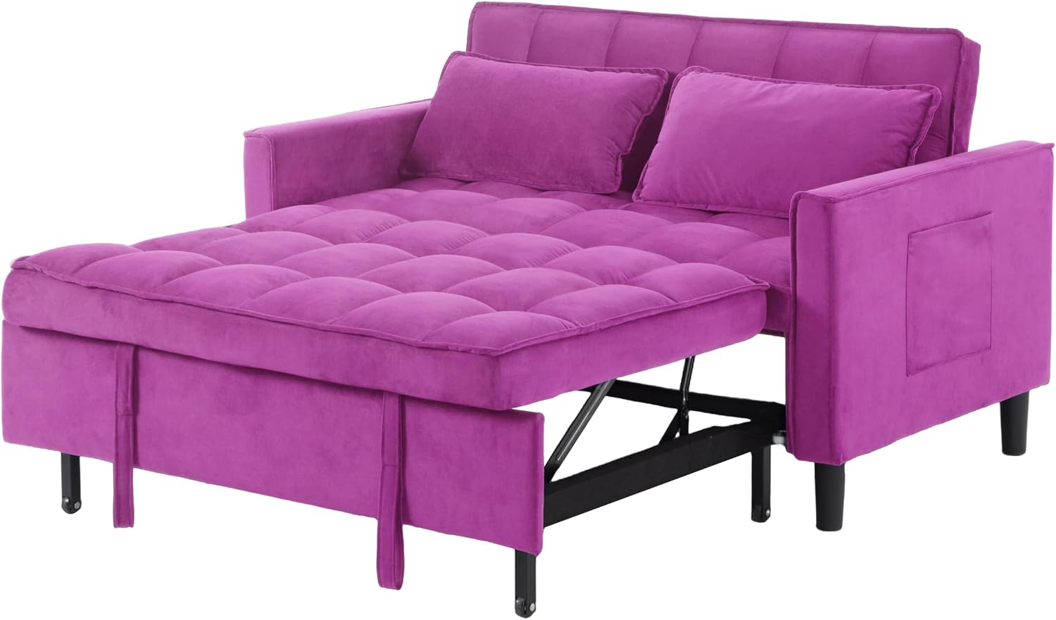 3 in 1 Convertible Sofa Bed, Love Seat Sleeper Bed with Side Pockets, Velvet Fabric Pull Out Couch with Adjustable Backrest for Living Room, Bedroom, Apartment, Deep Pink