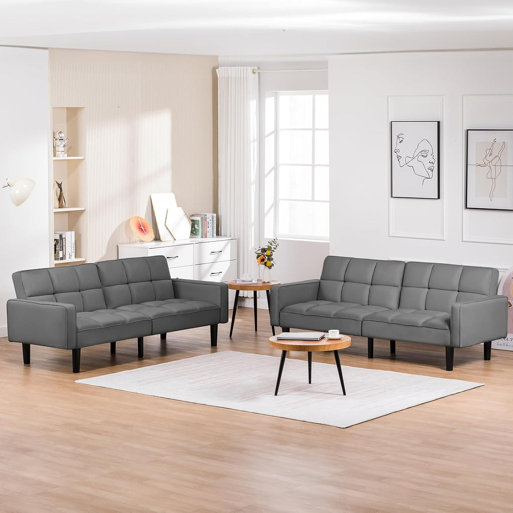 COMHOMA 76 inch Futon Sofa Bed, Mid Century Modern Futon Couch with Adjustable Backrest, Fabric Convertible Sofa Cama, Folding Sleeper Sofa for Living Room, Bedroom, Dark Gray