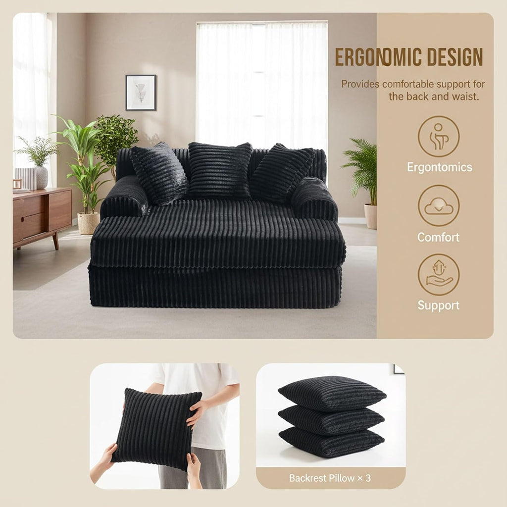 59' Oversized Chaise Lounge Chair Indoor, Comfy Corduroy Upholstered Sleeper Sofa Bed, Boneless Deep Seat Lounge Couch with Throw Pillows and Armrests, Modern Sofa for Living Room Bedroom,Black
