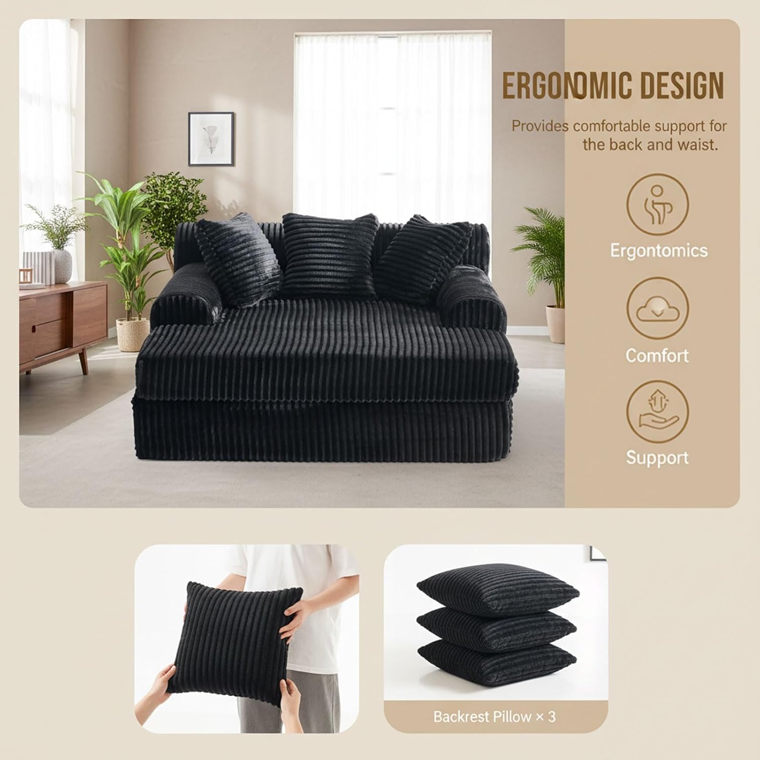 59' Oversized Chaise Lounge Chair Indoor, Comfy Corduroy Upholstered Sleeper Sofa Bed, Boneless Deep Seat Lounge Couch with Throw Pillows and Armrests, Modern Sofa for Living Room Bedroom,Black