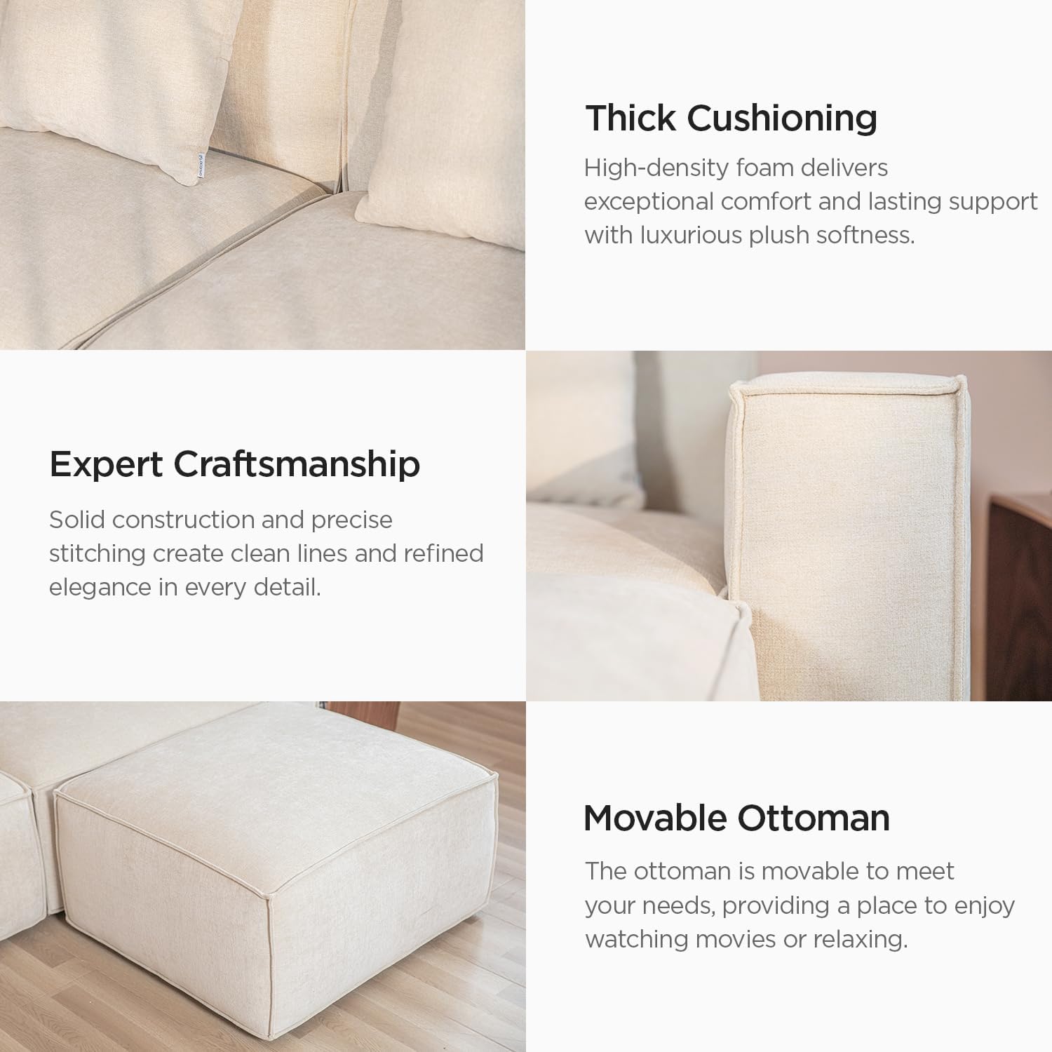 Acanva Luxury Modular Sectional Living Room Sofa Set, Modern Minimalist Style Couch with Ottoman and Chaise, L-Shape, Linen-Like Cream | Minimalist Style, With Ottoman, Modular Sectional