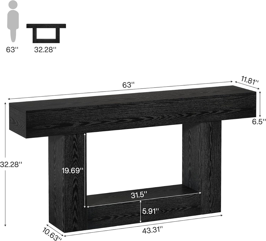 Tribesigns 63' Console Table, Farmhouse 2-Tier Entryway Table with U-Shaped Base, Narrow Long Wood Sofa Table Behind Couch Table for Living Room, Hallway, Foyer, Black