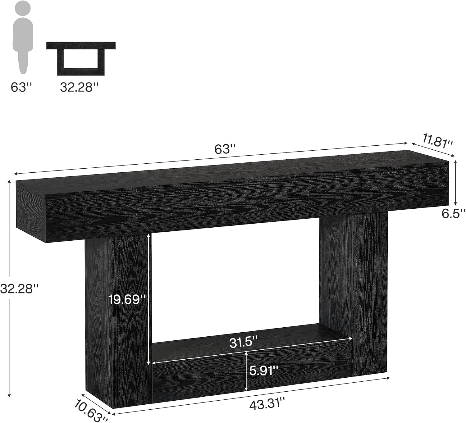 Tribesigns 63' Console Table, Farmhouse 2-Tier Entryway Table with U-Shaped Base, Narrow Long Wood Sofa Table Behind Couch Table for Living Room, Hallway, Foyer, Black