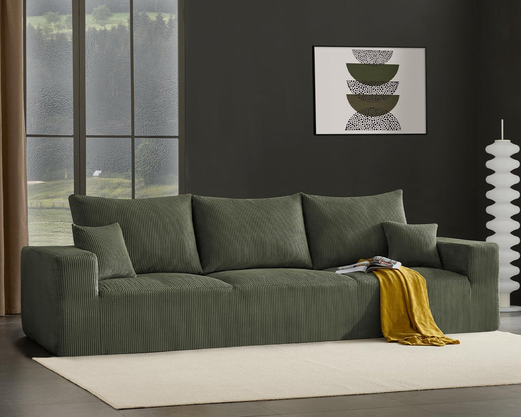 Gericco 113' Modular Sectional Couch, Cloud Boneless Sofa with Deep Seats, Upholstered Corduroy Sleeper Sofa Bed with 3-Seater for Living Room, No Assembly Required, Green
