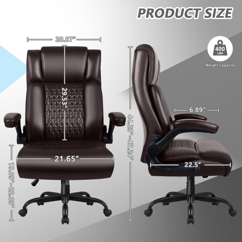 OFIKA Executive Office Chair Heavy Duty Office Chair Padded Flip Up Armrest, Computer Gaming Chair PU Leather Desk Chair, High Back Big and Tall Office Chair with Lumbar Support (Brown)