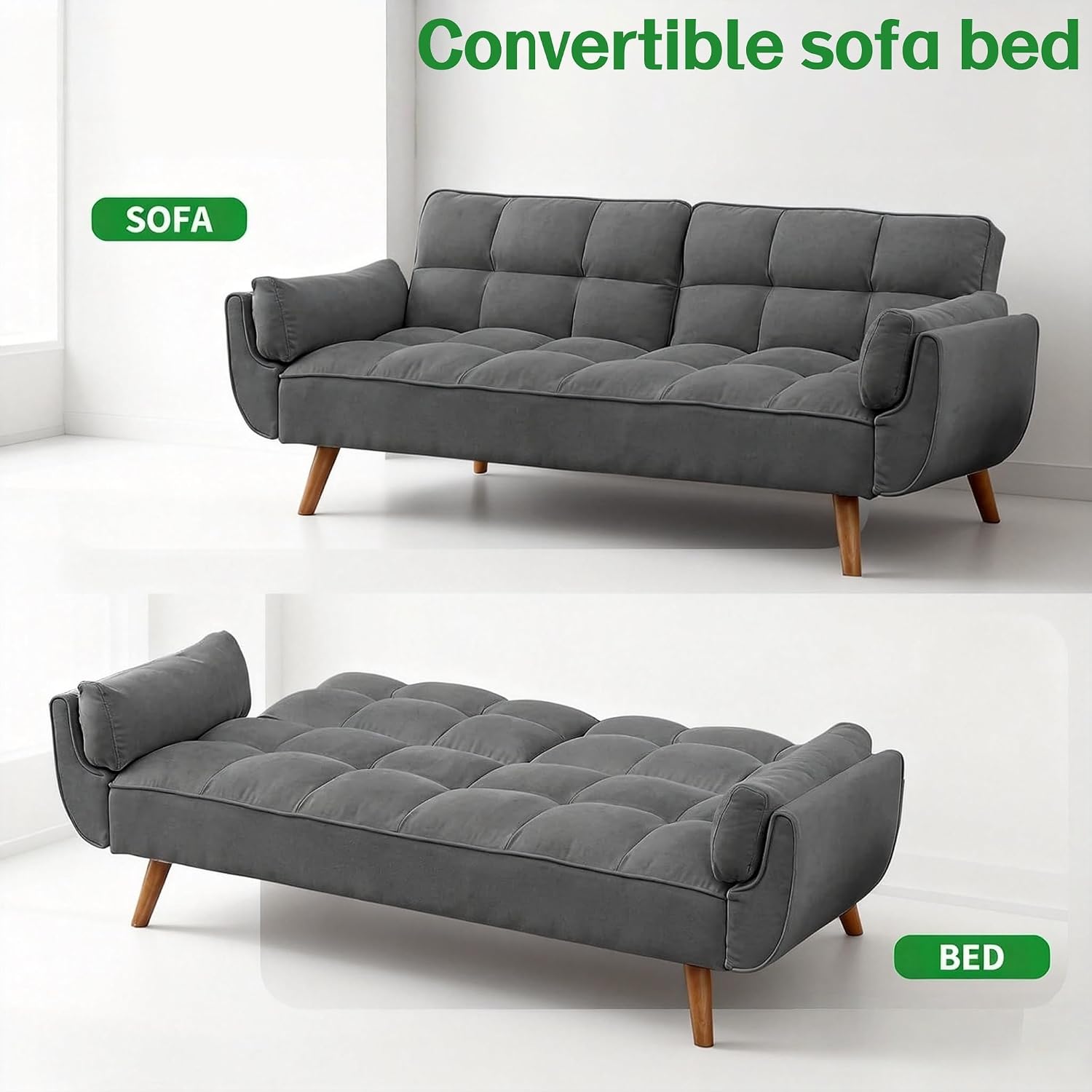 Convertible Futon Sofa Bed, Modern Futon Couch with 2 Pillows, Small Futons Couch with Adjustable Armrest & Backrest, Loveseat Sofa Bed for Living Room, Bedroom, Dark Gray