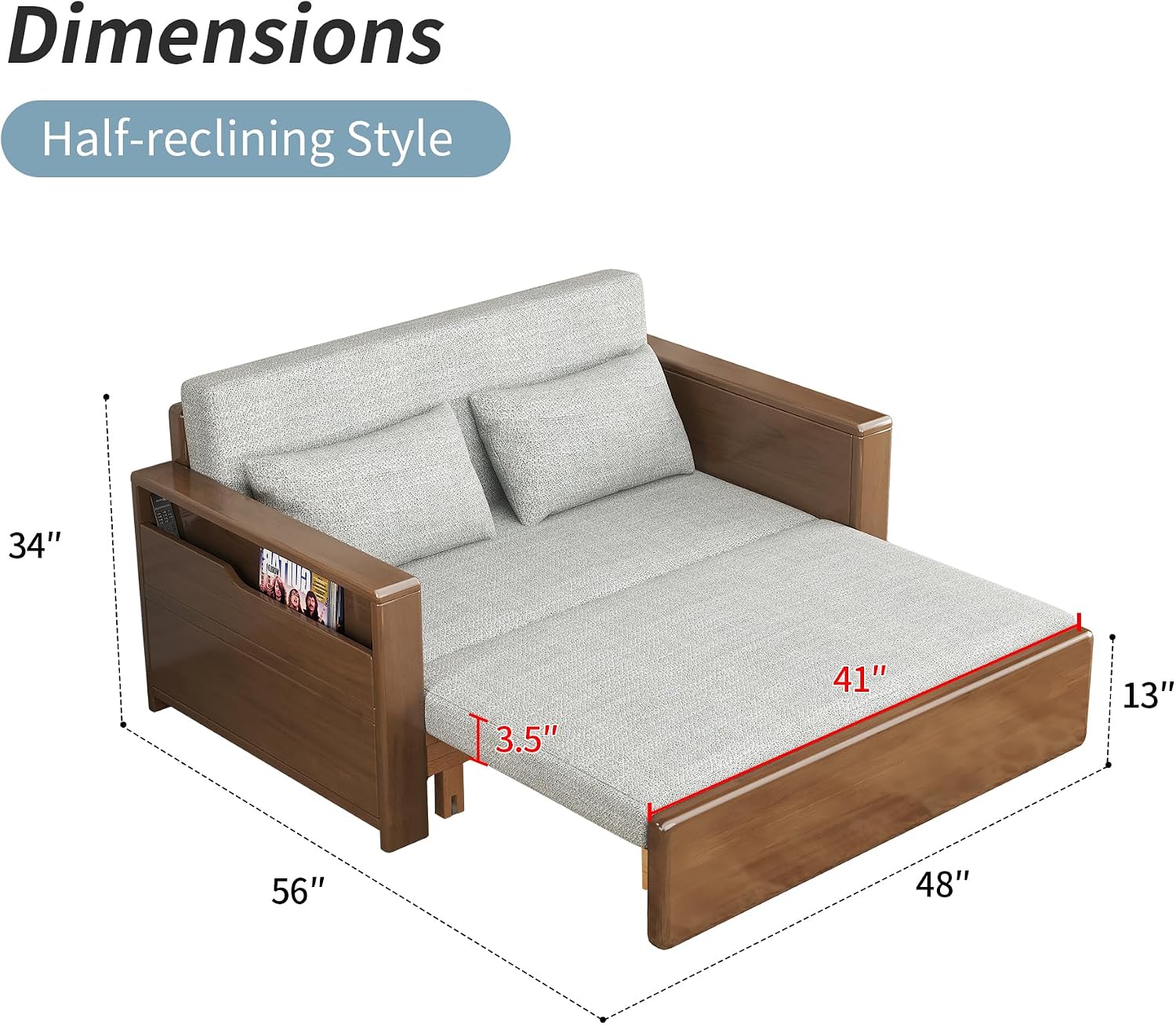 48'full double size grey cushion convertible sofa sleeper with storage,sectional sleeper sofa with reversible chaise,wood sofa bed 3 in 1 pull out couch bed for livingroom,apartment,bedroom,office