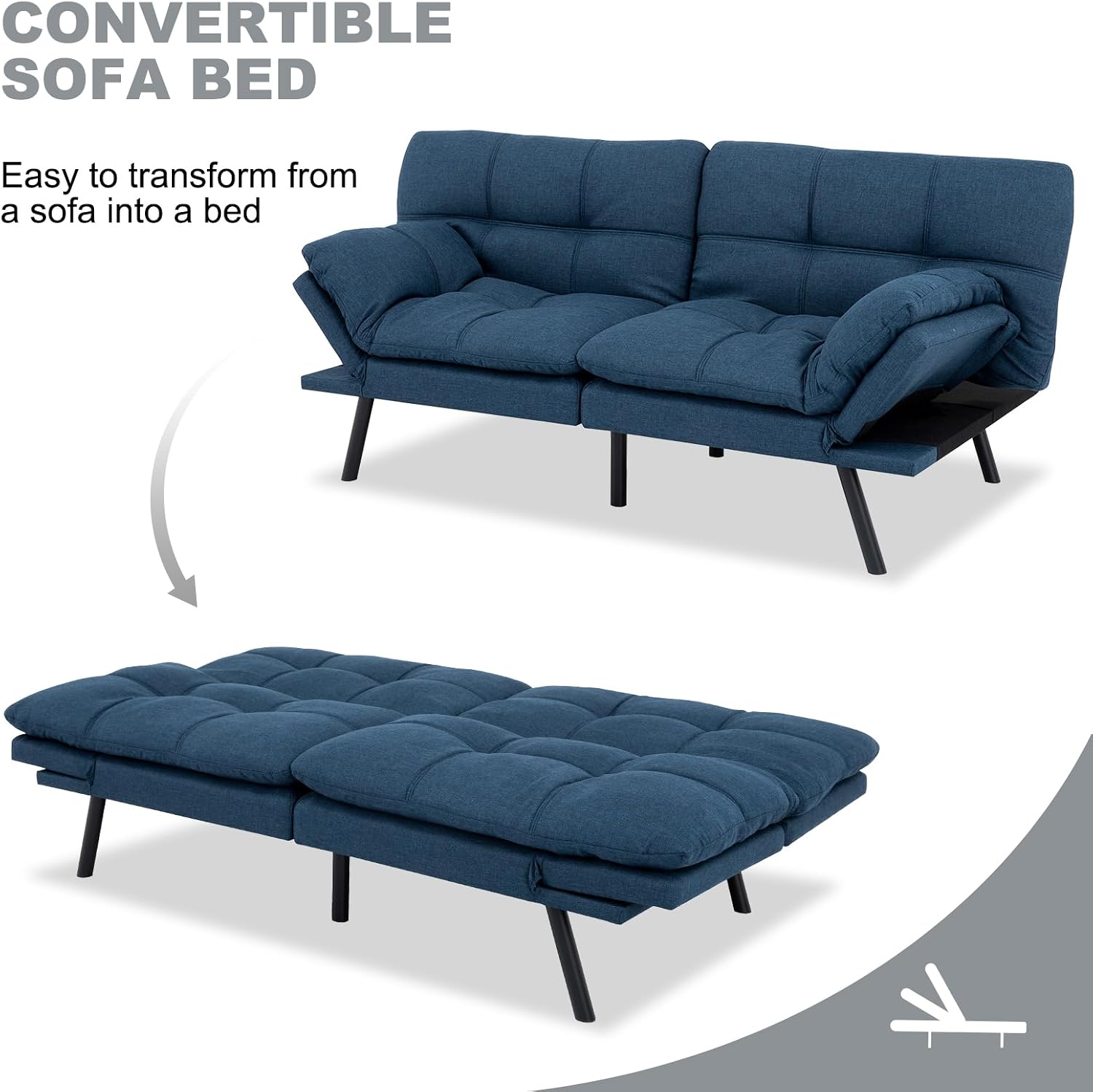 MUUEGM Futon Sofa Bed Convertible Couch,Memory Foam Futon Sofa Couch,Sleeper Futons Sofa Couches,Small Splitback Modern Loveseat Sofa Bed for Living Room,Office,Apartment,Linen Fabric,Blue.