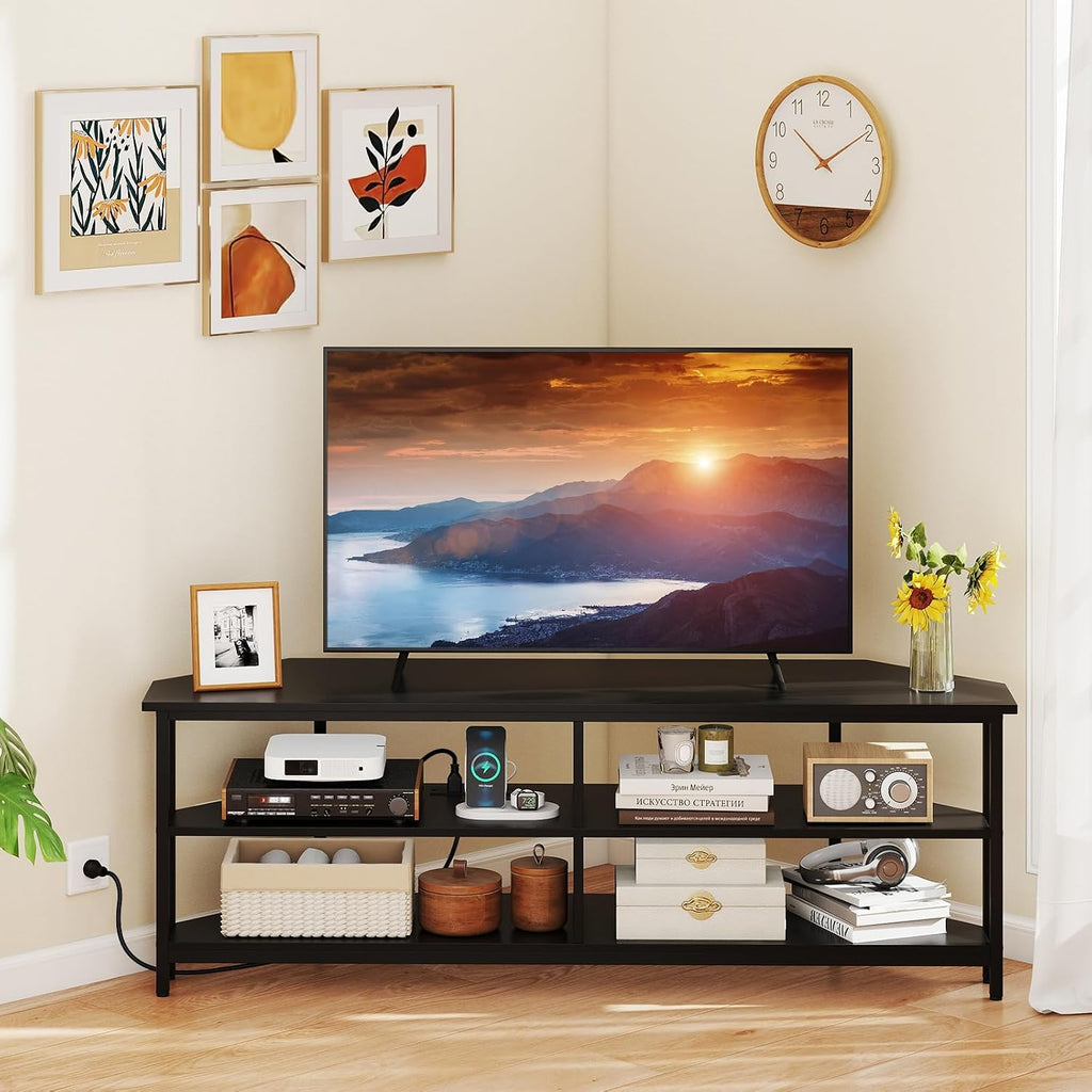 Giantex Corner TV Stand for 65 Inch TV, Modern Entertainment Center w/Power Outlet, Storage Shelves&Metal Frame, Media TV Console Table for Living Room, Bedroom, Small Spaces, Black