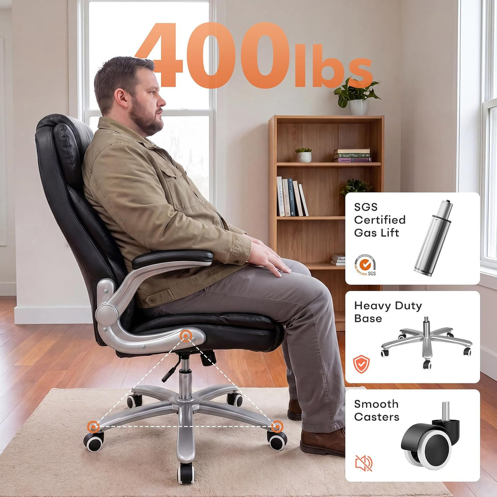GYI Big and Tall Office Chair 400lb Wide Seat, Ergonomic High Back Leather Executive Desk Chair with Flip-up Arms, Black