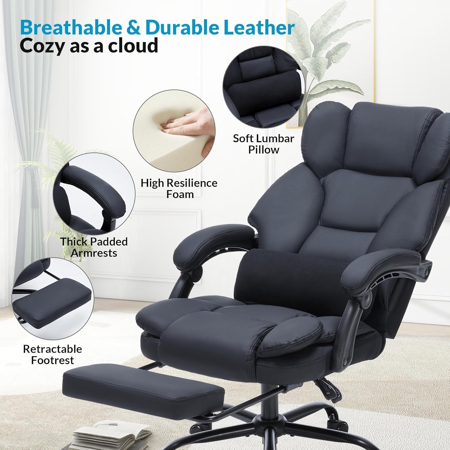 Ergonomic Executive Office Chair with Footrest & Lumbar Support - Heavy-Duty Reclining Computer Chair, 400lbs Capacity, PU Leather Swivel Desk Chair for Home Office (Black)