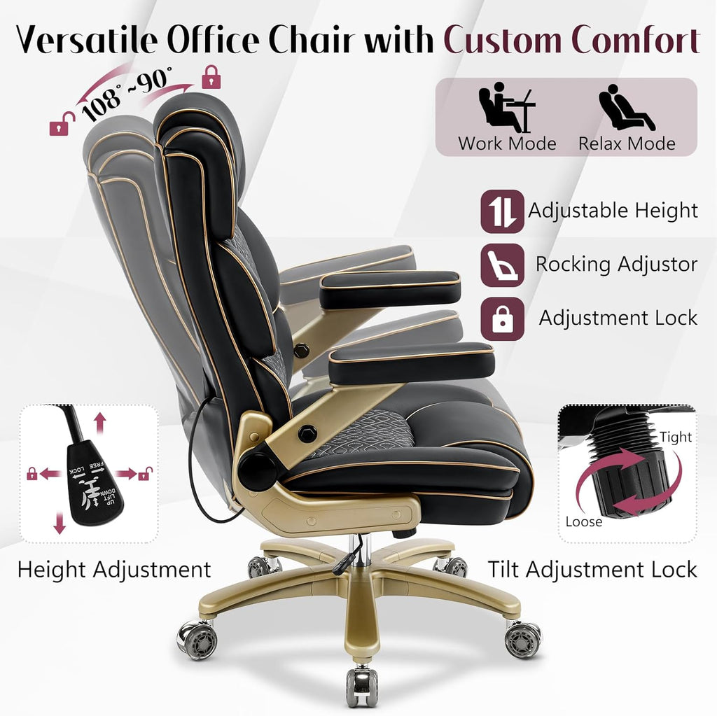 Big and Tall Office Chair 500lbs, Heavy Duty Leather Chair with 5D Armrests Comfortable Seat, High Back Executive Office Chair with Adjustable Lumbar, Large Computer Chair for Home Office, Black