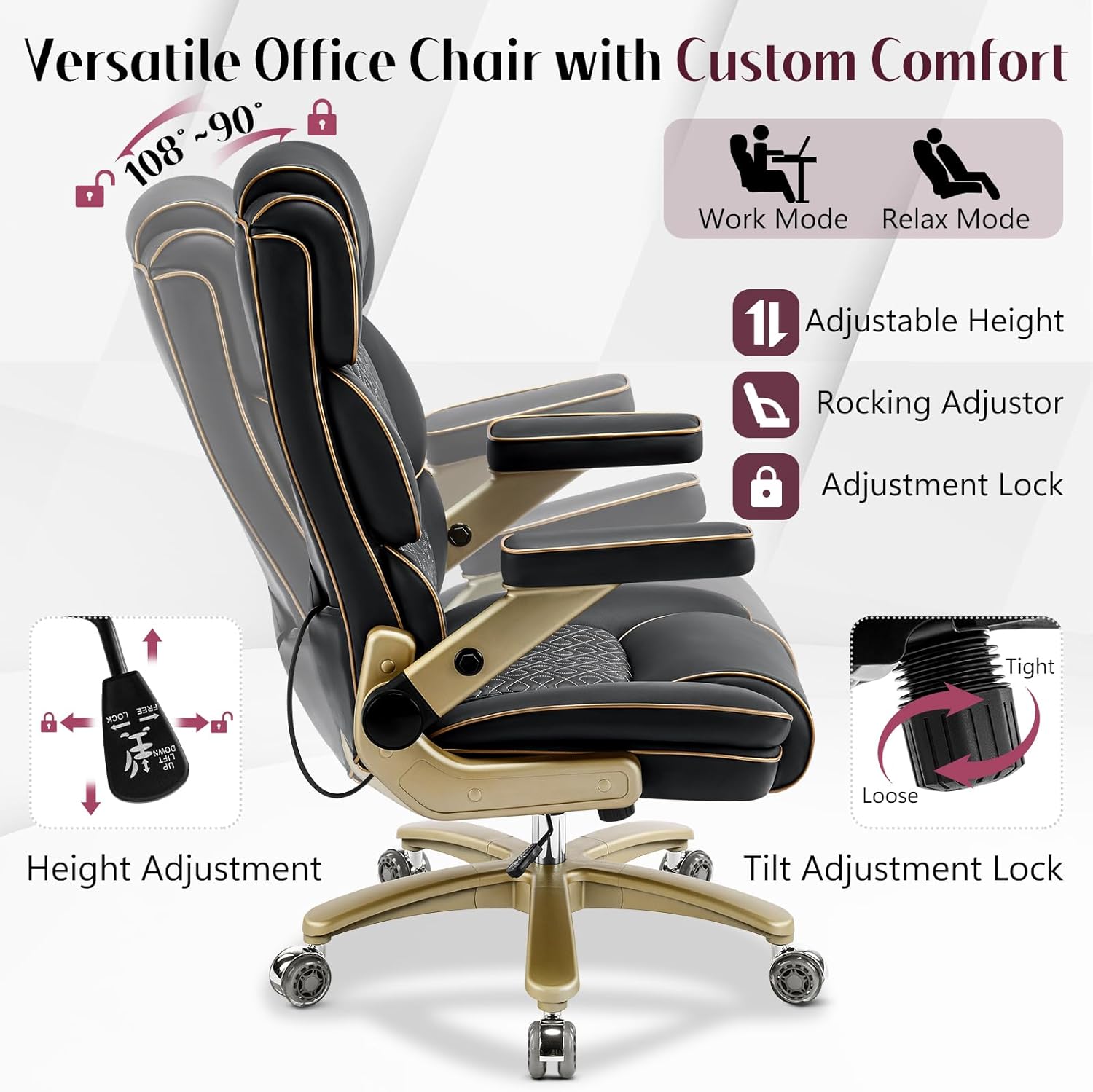 Big and Tall Office Chair 500lbs, Heavy Duty Leather Chair with 5D Armrests Comfortable Seat, High Back Executive Office Chair with Adjustable Lumbar, Large Computer Chair for Home Office, Black