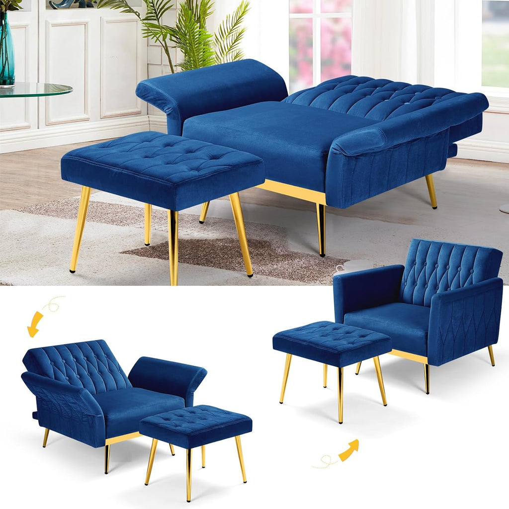2 Pieces Velvet Futon Sofa Set with Adjustable Backrests and Armrests, 70' Convertible Sofa Bed & Tufted Accent Chair with Ottoman for Living Room, Blue