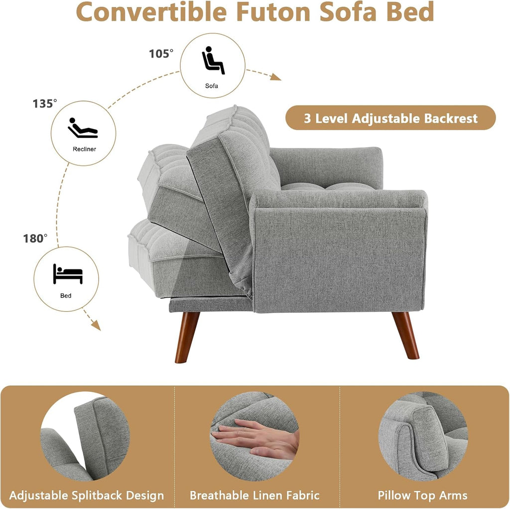 75' Convertible Futon Sofa Bed, Sleeper Couch Bed with Adjustable Backrest, Small Couches for Small Spaces, Living Room, Bedroom and Office (Gray)