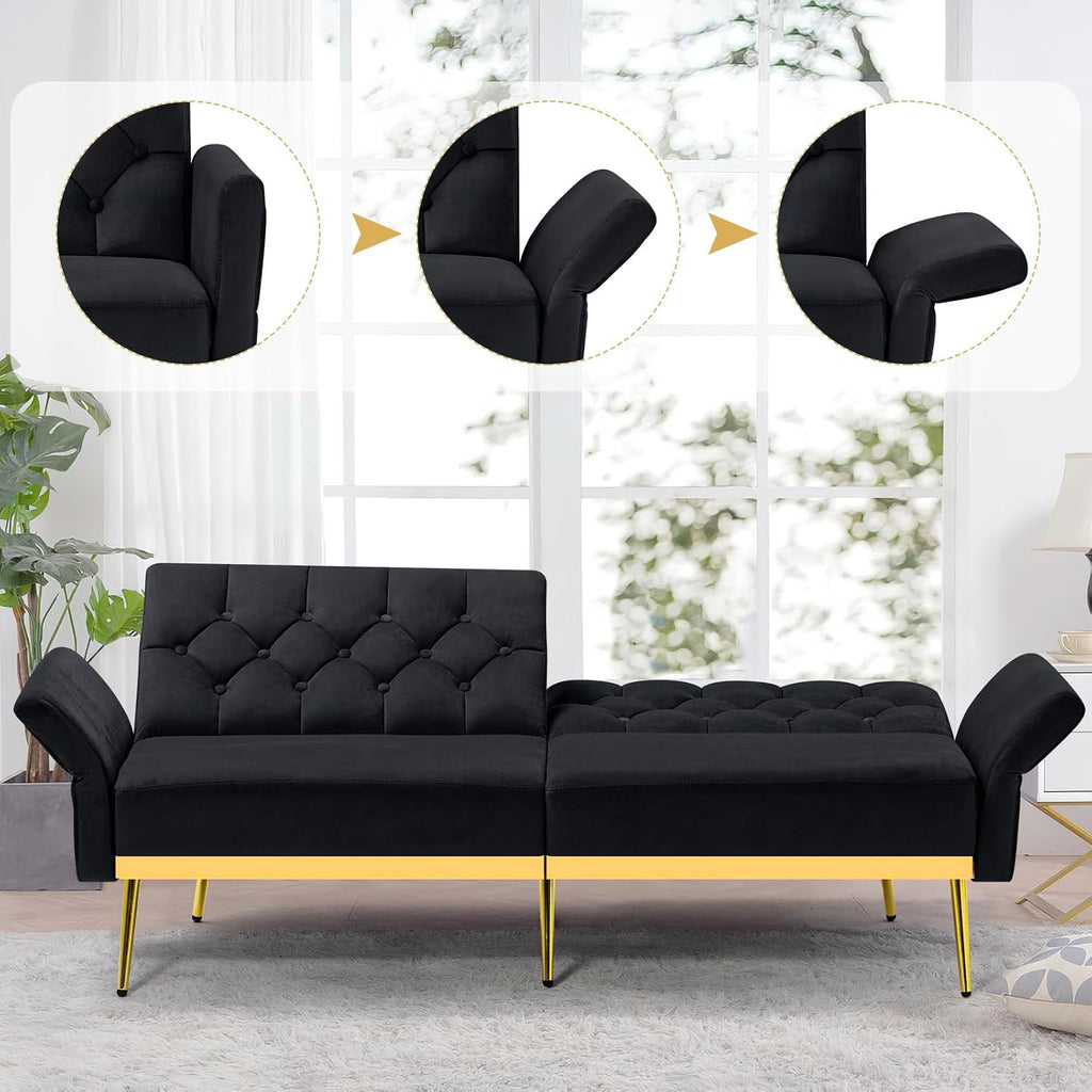 2 Pieces Velvet Sofa Set w/Adjustable Armrests and Backrests, Tufted Accent Chair w/Ottoman, Convertible Futon Sofa Bed for Bedroom, Living Room, Apartment, Black